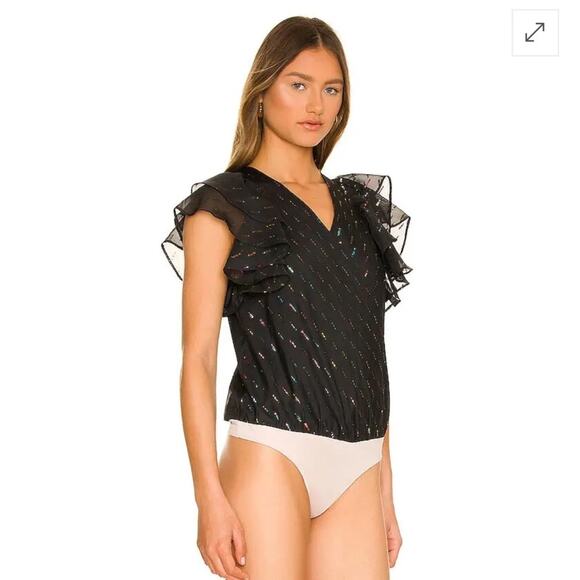 Amanda Uprichard Sycamore Black Multicolor Metallic Flutter Sleeve Bodysuit Med - Picture 3 of 15